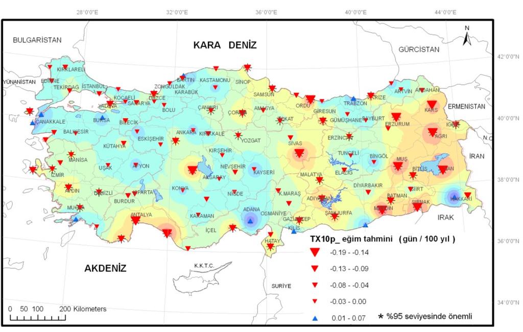 4.7.5.5. Serin gün sayısı indisindeki değişiklikler Serin gün maksimum sıcaklığın normallerinin %10 altına düştüğü (Tx < %10) günlerdir. Şekil 59. Serin gün sayısı indisi trendleri (Şensoy vd., 2013).