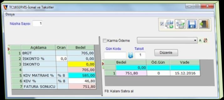 Fatura Dip Bilgisi Fatura başlık ve detay bilgiler girilir.