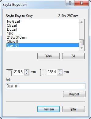 PC'den yazdırırken > PC'den yazdırırken 3 [Yeni] butonuna tıklayın. 3 4 5 7 6 4 Kağıt boyutunu girin. 5 Kağıdın adını girin. 6 [Kaydet] butonuna tıklayın.