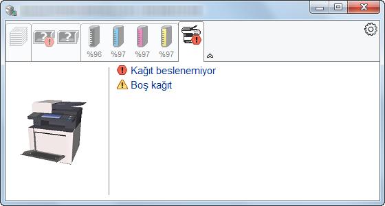 PC'den yazdırırken > Yazıcı durumunun izlenmesi (Status Monitor) Alarm Sekmesi Bir hata meydana gelirse, 3D görüntü ve bir mesaj kullanılarak bir not görüntülenir.