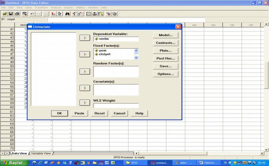 108 Hayvan Islahı Gelen menüden Dependent Variable kısmına veriler (verim) ve Fixed Factor(s) kısmına yem ve cinsiyet