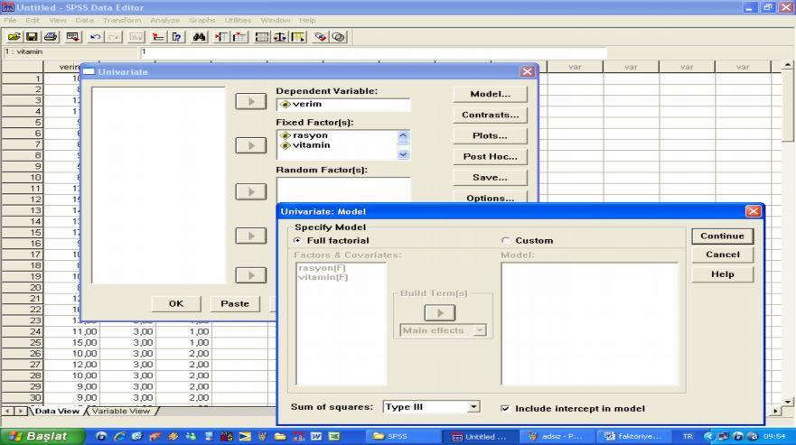 Gelen menüde Specify Model bölümünden Full Factorial işaretlenip Continue tıklandığında model tanımlama işlemi