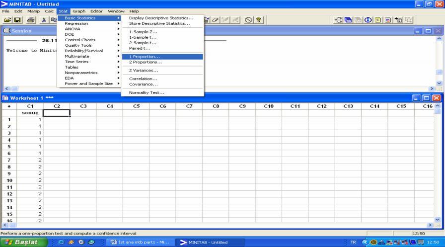 5 Hayvan Islahı C1 sütununa sonuç değerleri girilir. Değerler girildikten sonra sırasıyla Stat > Basic Statistics > 1 Proportion tıklanır.