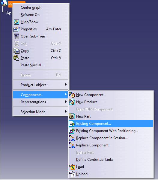Birinci yöntem; Soy ağacı başlığı olan PRODUCT1 tek sefer tıklanır ve mause üzerinde iken sağ tuş tıklanarak COMPONENTS tıklanır ve açılan yardımcı pencerede EXISTING COMPONENT tıklanır.