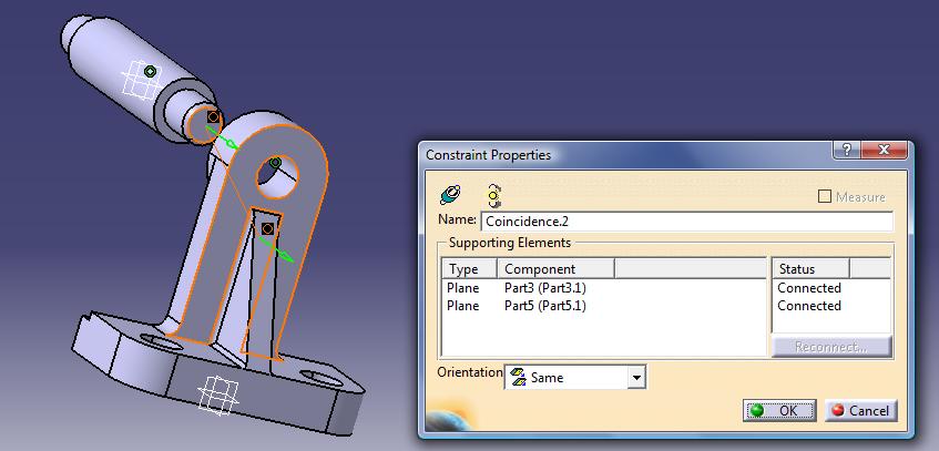 Bunun için yine CONCIDENCE---CONSTRAINTS komutu tıklanır ve her iki parçanın düzlem seçilir bağlantının yönü doğru olduğu için (Same) seçildi ve yine