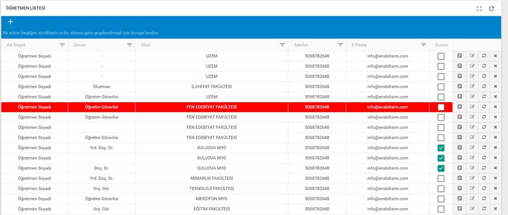 - Öğretmen Yönetimi Öğretmenler mevcut üniversite sisteminizden entegre edilebilir. Ayrıca elle ekleme işlemini de yapabilirsiniz.