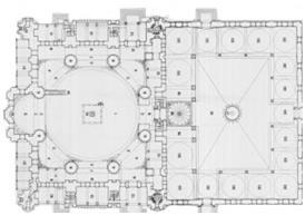 Çizim-8: Edirne Selimiye Cami Planı (10) Selimiye'nin şadırvanlı, dikdörtgen planlı dış avlusu Camiyi üç taraftan çevirir. Avlunun etrafını kubbelerle örtülü revaklar çevirmektedir.