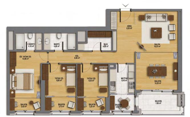 NET ALAN 3+1 114,15 M 2 KINALI - BURGAZ NET ALAN + AÇIK BALKON 121,80 M 2 SATIŞA ESAS BRÜT ALAN 169,31 M 2 Sadece bu renkte gösterilen dolaplar