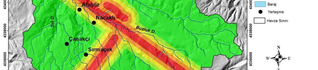 Şekil 11. Darköprü Deresi Havzası nın (Bingöl) fay hatlarına uzaklık haritası Heyelanların % 19.93 ü fay hatlarına 0-250 m uzaklıkta, % 15.95 i 250-500 m uzaklıkta, % 13.