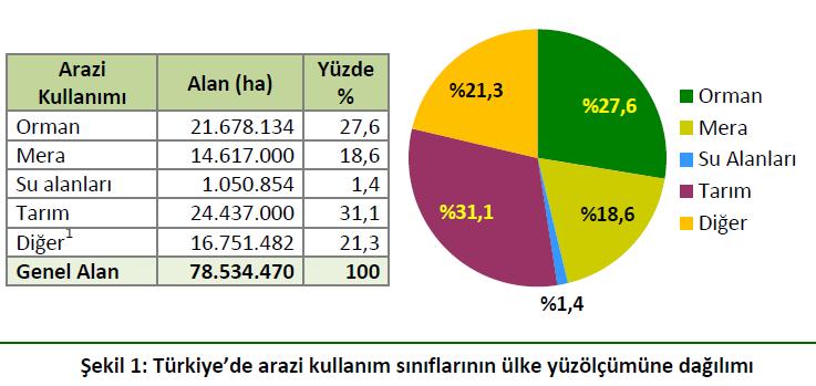 Türkiye de Arazi Kullanımı 2012 yılı itibarıyla yapılan tespitlere göre ormanlar ülke