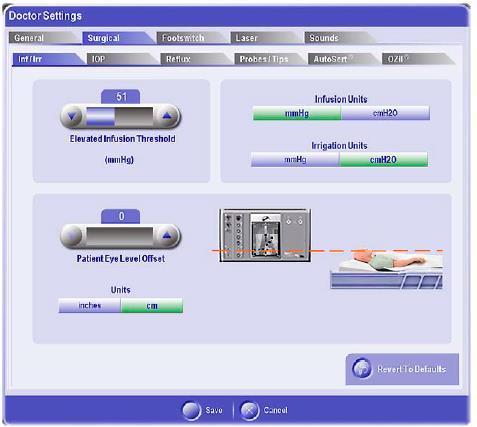 Constellation Vision System Menü Çubuğu:Options (Seçenekler) - DOCTOR SETTINGS (DOKTOR AYARLARI) SURGICAL (CERRAHİ) Surgical (Cerrahi) sekmesinde, cerrahi sekmesiyle ilişkili altı alt sekme