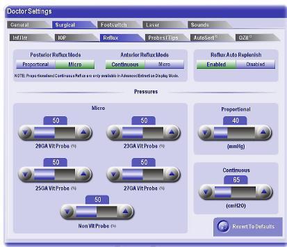 Constellation Vision System Menü Çubuğu:Options (Seçenekler) - DOCTOR SETTINGS (DOKTOR AYARLARI) REFLUX (REFLÜ) Reflux (Reflü) alt sekmesi (Şekil 2-13 te gösterilmektedir) kullanıcının ameliyat