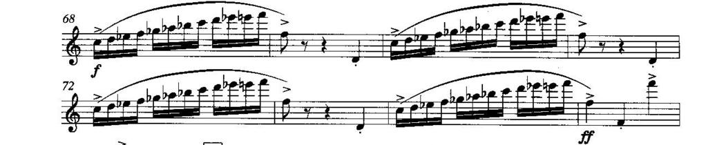 Bu çıkıcı yapı altı defa tekrarlanmaktadır. Presto tempoda, çıkıcı duyulması istenen notalar grubunun tane tane, yutulmadan seslendirilmesi için çıkıcı motifin bir bütün olarak düşünülmesi gerekir.