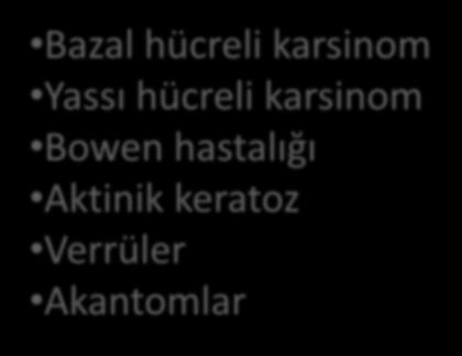 DSÖ DERİ TÜMÖRLERİ SINIFLAMASI (2006) Keratinositik tümörler Melanositik tümörler Deri eki tümörleri Hematolenfoid tümörler Yumuşak doku tümörleri Nöral tümörler Kalıtsal