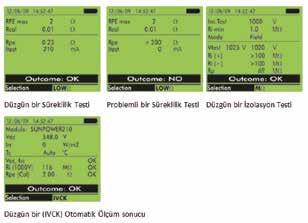 Harmoniye kadar kayıt EN50160 a göre komple kayıt analizi PV CheckS Modeli Otomatik test fonksiyonu (IVCK) o 1000V a kadar İzolasyon Testi o Kısa Devre Akımı ve Açık