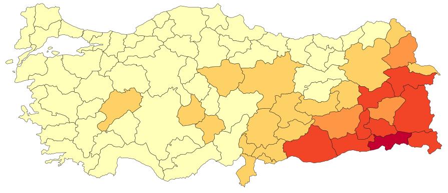 Türkiye ortalaması 4,3 kişi iken, Şırnak 9,4 kişi ile en kalabalık hanelere sahip, Çanakkale