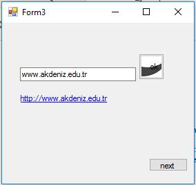 Linklabel ve process kullanımı Private Sub Button1_Click(sender As Object, e As EventArgs) Handles Button1.Click If TextBox1.Text.Substring(0, 7) = "http://" Then LinkLabel1.Text = TextBox1.