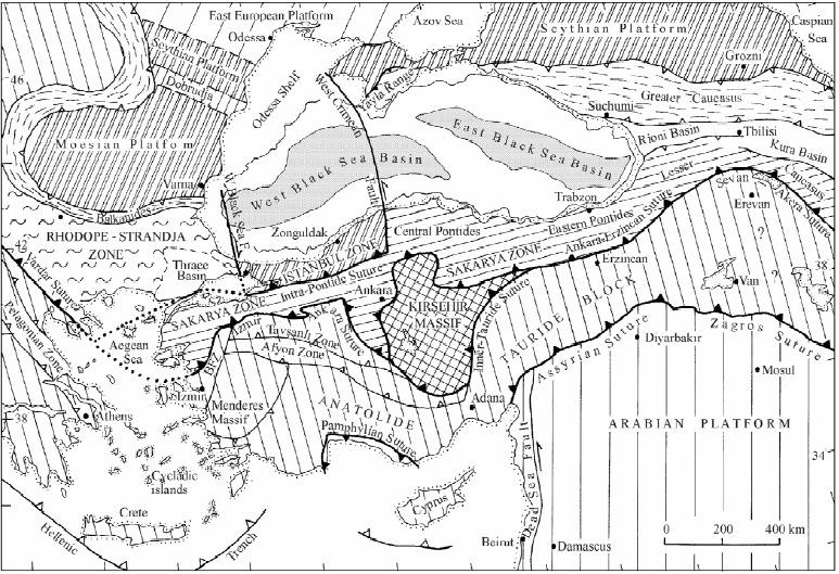 5. TEKTONİK EVRİM ve TARTI MA Türkiye nin tektonik birlikleri Okay ve Tüysüz (1999) a göre ( ekil 5.1): Pontidler, Sakarya zonu, Kırşehir masifi ve Anatolid-Torid bloğundan oluşur. ekil 5.1: Türkiye nin tektonik birliklerini gösteren şematik harita (Okay ve Tüysüz, 1999).