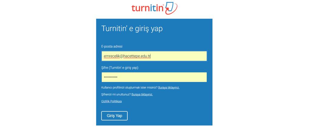 Turnitin şifrenizi hatırlamıyorsanız!