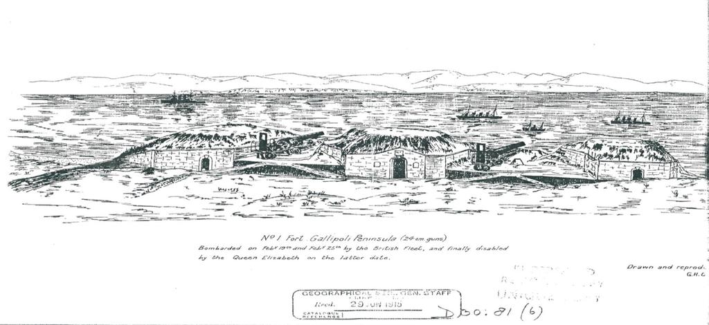 19 ve 25 Şubat 1915 tarihlerinde BirleĢik Filo Gemilerinin 19 ve 25 ġubat 1915 tarihlerinde Boğaz GiriĢi ndeki Ertuğrul Tabyası nı Bombardımanına ait temsili çizim 263 Ġngiliz ve Fransızlar, 25 ġubat