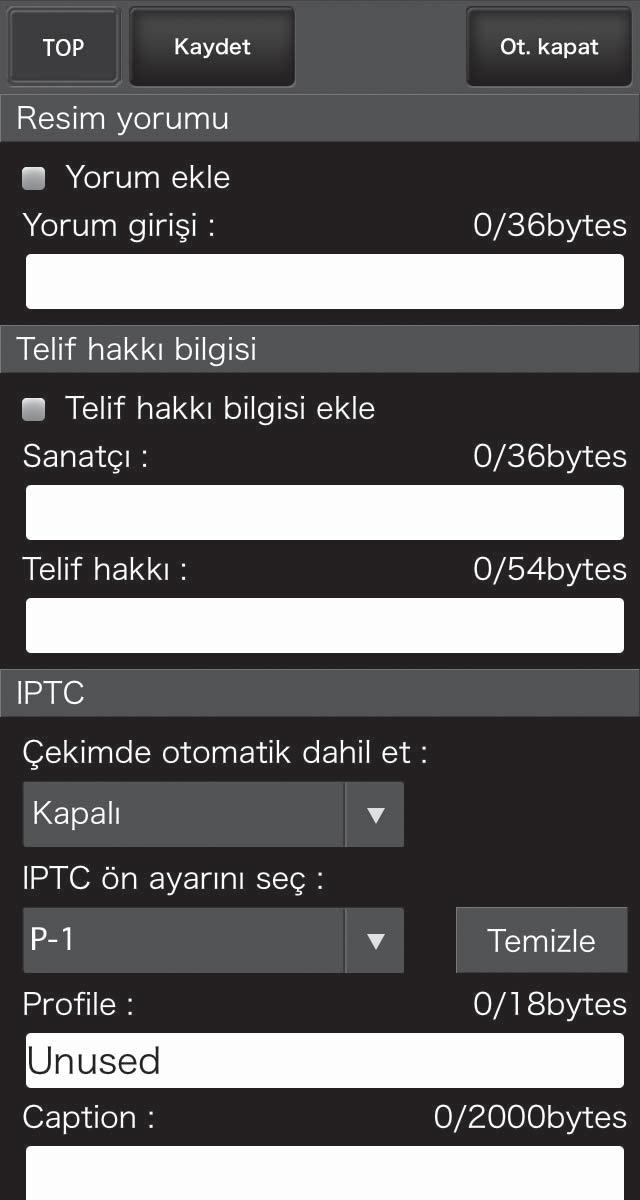 Metin Düzenleme Penceresi Fotoğraf makinesinde depolanan resim yorumlarını, telif hakkı ve IPTC bilgilerini düzenlemek için kullanılan metin düzenleme penceresine, sunucu ana sayfasındaki Metni dznl