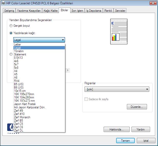 Yazdırılacak Kağıt seçeneğini belirtin, ardından açılır listeden bir boyut seçin.