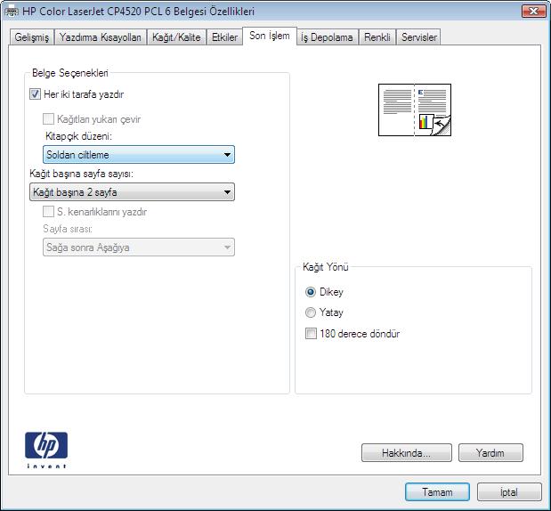 4. Her iki yüze yazdır onay kutusunu seçin. 5. Kitapçık düzeni açılır listesinden Sol ciltleme veya Sağ ciltleme seçeneğini belirtin.