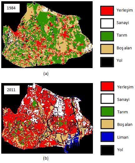 Spektral İndekslerin Landsat TM Uydu Verileri Kullanılarak Arazi Örtüsü/Kullanımı Sınıflandırmasına Etkisi: İstanbul, Beylikdüzü İlçesi, Arazi Kullanımı Değişimi değerlerinin maksimum olması