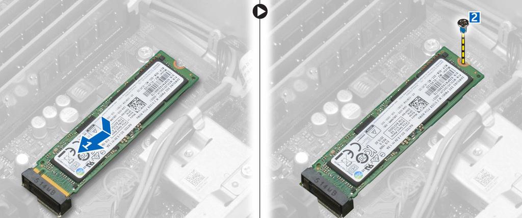 İsteğe bağlı SSD kartını çıkarma 1. Bilgisayarınızın İçinde Çalışmadan Önce bölümündeki prosedüre uyun. 2. Şunları çıkarın: kapak ön çerçeve 3. SSD kartını sistem kartına sabitleyen vidayı çıkarın. 4.