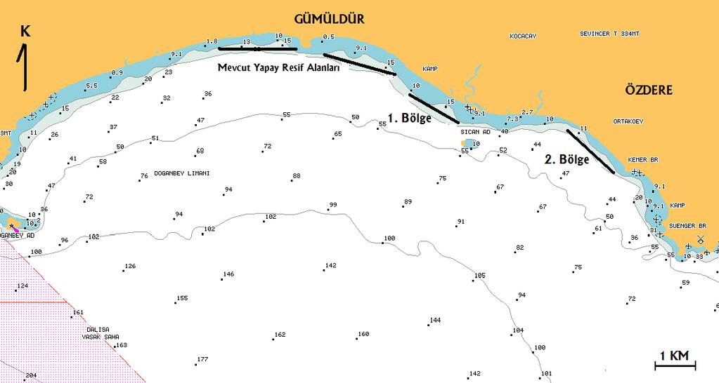 2. Bölge Koordinatlar 38º 02 91 K 38º 02 23 K 27º 02 59 D 27º 03 38 D : 16 21m Dip yapısı : Sert çamur Görülen canlılar :Barbun, mırmır, ısparoz, turna, vatoz ġekil 5.