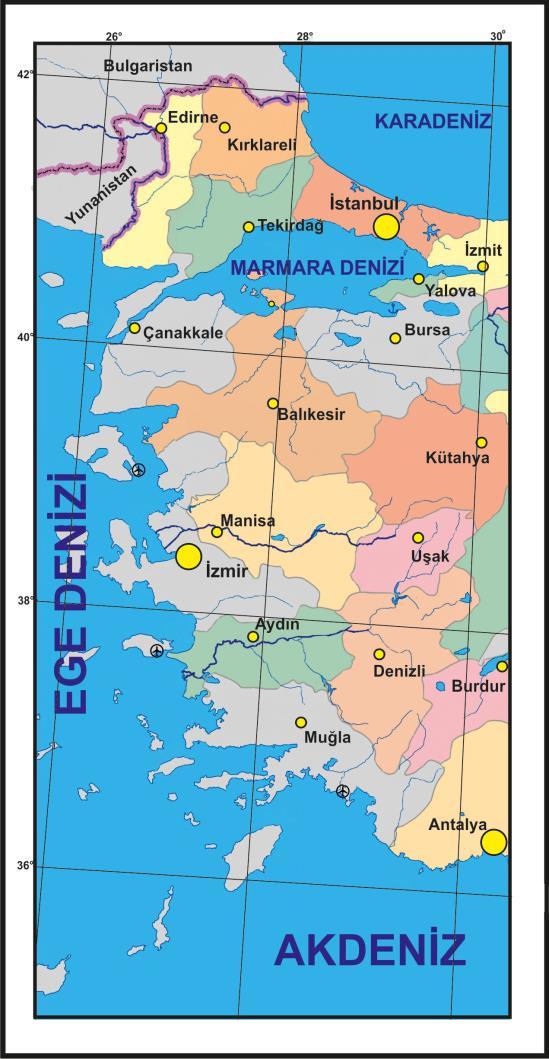 2- MATERYAL VE YÖNTEM ÇalıĢma sahası(ġekil 1) olarak Çanakkale, Balıkesir, Ġzmir, Aydın ve Muğla illerinin kıyı alanları belirlenmiģtir.