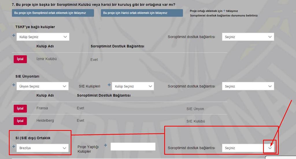 Projenize Soroptimist Ortak olarak SI (SIE dıģı) ortaklık Ülkeleri arasından ortak ekleme iģleminizin tamamlanması için; seçtiğiniz SI (SIE dıģı) ortaklık ülkelerinin Soroptimist dostluk