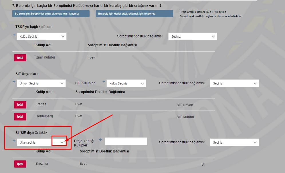 1.7.1.3.1.Projeniz için Soroptimist ortak eklerken birden fazla SI(SIE dıģı) Ortak ekleyecekseniz;