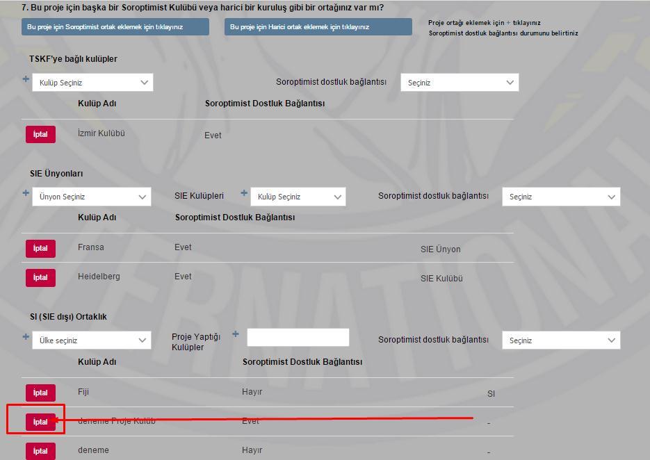 209 Ġmlecinizi silmek istediğiniz proje yaptığı kulübün olduğu satırdaki aģağıdaki