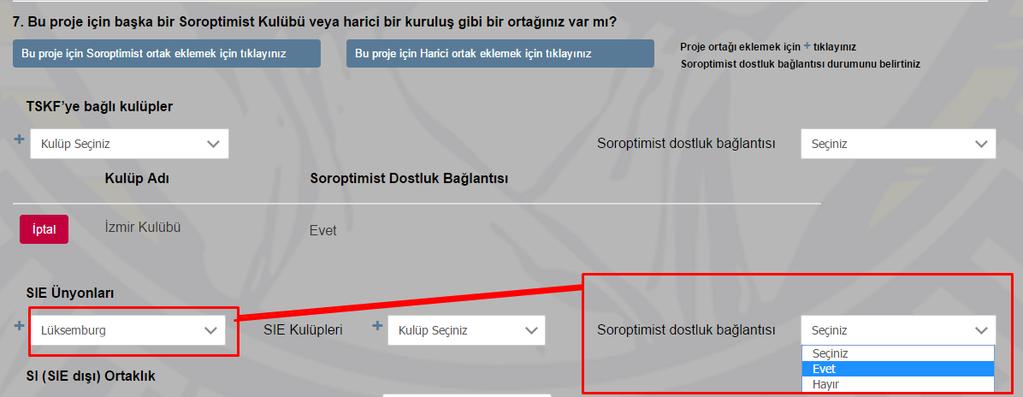 Seçtiğiniz SIE Ünyon ülkesine uygun olan bilginin (Evet Ya