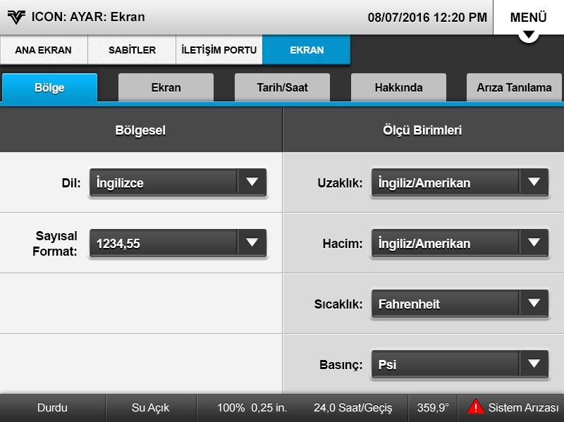 Kontrol Paneli Ayarı Ekran Ayarı Aşağıda ve daha sonraki sayfalarda yer alan adımlarda, Ekran kurulumunun nasıl yapılacağı ve aşağıdakilerin nasıl gerçekleştirileceği açıklanmaktadır: Dil ve Ölçü