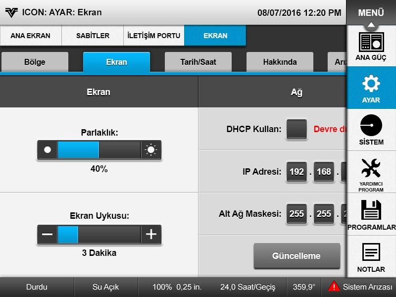 Kontrol Paneli Ayarı Ekran Ayarı (Devamı) Ekran Parlaklığı ve Uyku Gecikme Zamanlayıcı 2. Ekranı kullanarak Ekran Parlaklığı ve Ekran Uyku gecikme zamanlayıcıyı ayarlayın. Bkz. Şekil 34-1.