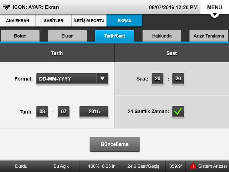 Kontrol Paneli Ayarı Ekran Ayarı (Devamı) Tarih ve Saat 3. Tarih ve Saat ekranında, Mevcut Tarih ve Saati ayarlayabilirsiniz. Bkz. Şekil 35-1. (a) Menü, Ayar, Ekran ve Tarih/Saat öğesine basın.