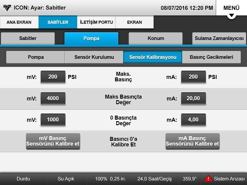 Kontrol Paneli Ayarı Minimum Kontrol Paneli Ayarı (Devamı) 3. Basınç sensörlerini kalibre edin. Bkz. Şekil 41-1. (a) Sensör Kalibrasyonu öğesine basarak, Basınç Sensörü Kurulumu ekranını görüntüleyin.