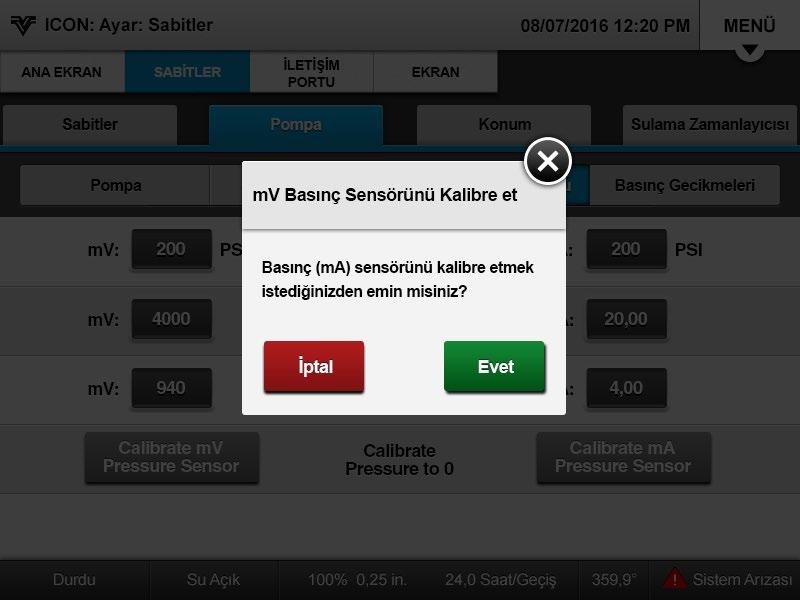 (ii) Maks Basınçta Değer: Değiştirmek için, (mv) Sensörü veya (ma) Sensörü alanını seçin ve sayısal tuş takımında değeri girin.