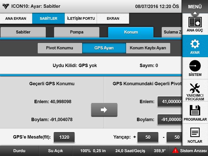 Kontrol Paneli Ayarı Minimum Kontrol Paneli Ayarı (Devamı) GPS Konumu Ayarlama (Devamı) 2. GPS Ayarı ekranına gidin. Bkz. Şekil 45-1.