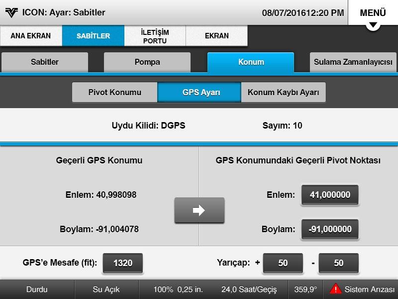 Kontrol Paneli Ayarı Minimum Kontrol Paneli Ayarı (Devamı) GPS Konumunu Test Etme Makinede GPS Konumu bulunuyorsa, GPS Konumunun çalışıyor olduğunu doğrulamak üzere aşağıdakileri yapın. 1.