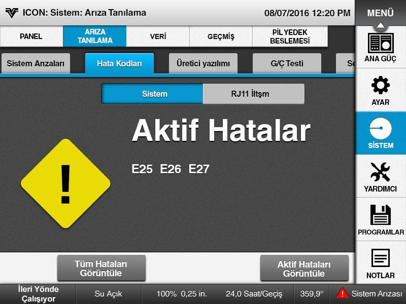 Hata Kodlarını Görüntüleme Hata kodlarını görüntülemek için, Şekil 63-1 e bakın ve aşağıdakileri yapın: 1. Menü, Sistem, Arıza Tanılama, Hata Kodları ve Sistem öğesine basın. 2.