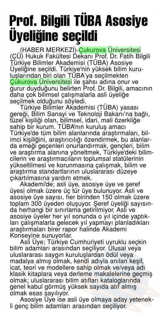 PROF. BILGILI TÜBA ASOSIYE ÜYELIGINE SEÇILDI Yayın Adı :