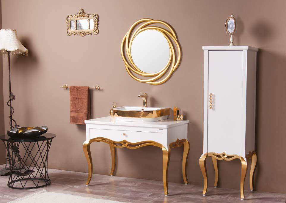 Vivaldi 100 cm banyo dolabı Altın renk kemerli, beyaz akrilk lake boyalı Vivaldi banyo dolapları altın bantlı seramik lavabo ile banyolarınıza zerafet katıyor 100 cm banyo dolabı Gold