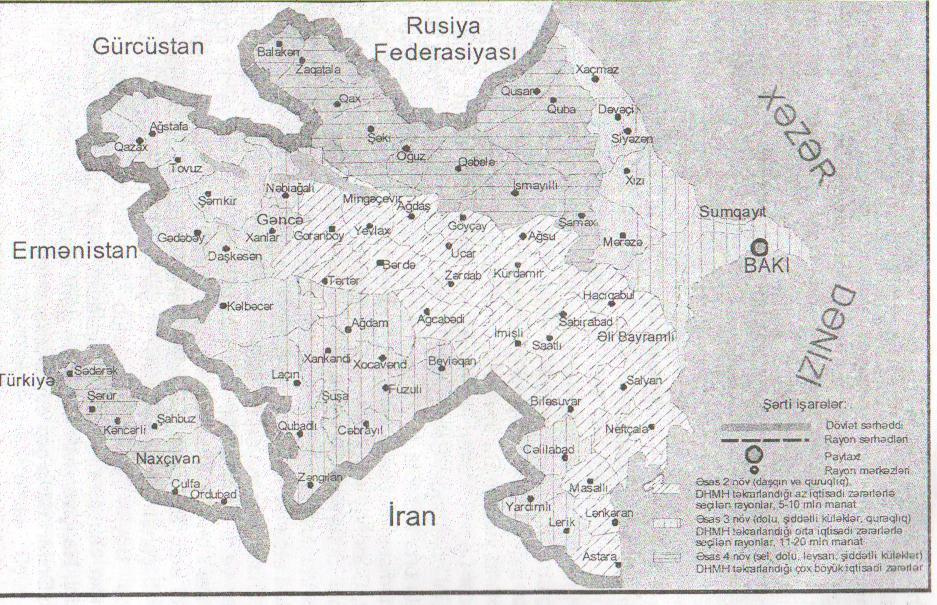 Şəkil 3.1. Dağıdıcı hidrometeoroloji hadisələrin təkrarlanması və vurduğu ziyana görə rayonlaşdırılması Üçüncü qrup rayona əsasən sel, dolu, şiddətli külək, leysan yağışları və s.