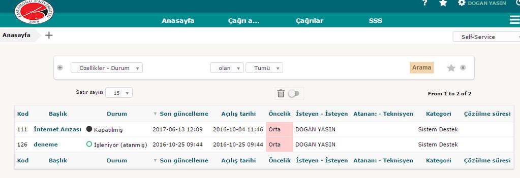 Resim 1.5 Resim Çağrı Kategori Seçimi 8- Kategori kısmında ise ne hakkında destek almak istediğiniz sorgulanmaktadır. Buradan talebiniz doğrultusunda bir çağrı kategorisi seçmeniz gerekmektedir.