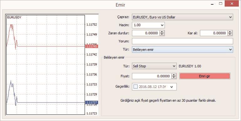 PLATFORM KULLANIMI LİMİTLİ EMİRLER Sell Stop: Piyasa fiyatının altında bir seviyeye