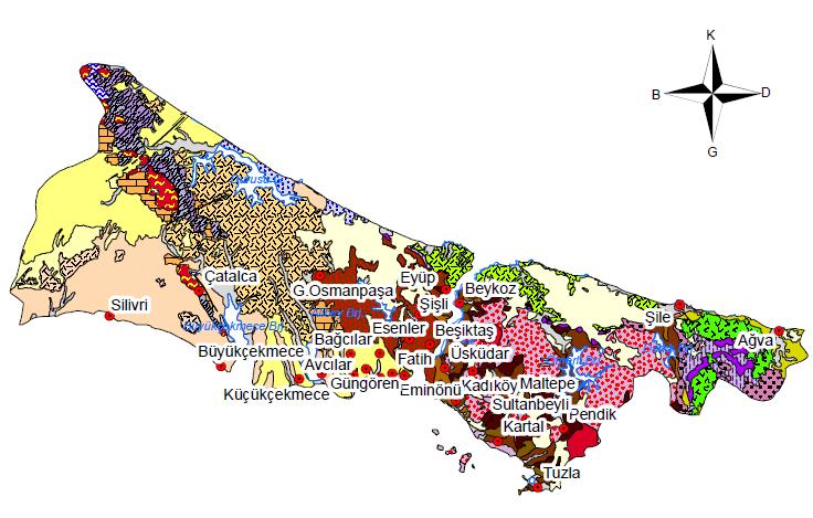 İstanbul ili jeoloji haritası (MTA, 2009). Şekil deki haritada gösterilen sarı alanlar Miyosen-Pliyosen yaşlı kırıntılı ve karbonatlı kaya birimleridir.