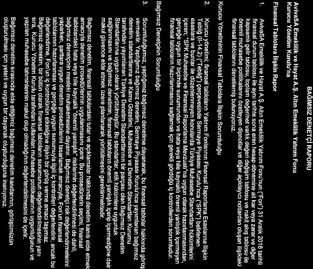 1. AvivaSA Emeklilik ve Hayat A.Ş. nun (Fon ) 2016 tarihli Finansal Tablolara İlişkin Rapor Kurucu Yönetim Kurulu na AvivaSA Emeklilik ve Hayat A.Ş. BAĞIMSIZ DENETÇi RAPORU workıng world IstanbuL - Turkey BuildJng a better Maslak, Sarıyer 34398 Eski Büyükdere Cad.